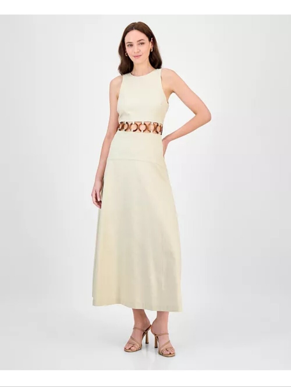 Rachel Roy $169 Linen Blend Cutout Maxi Dress Size 6 Beige Ring Detail Coastal